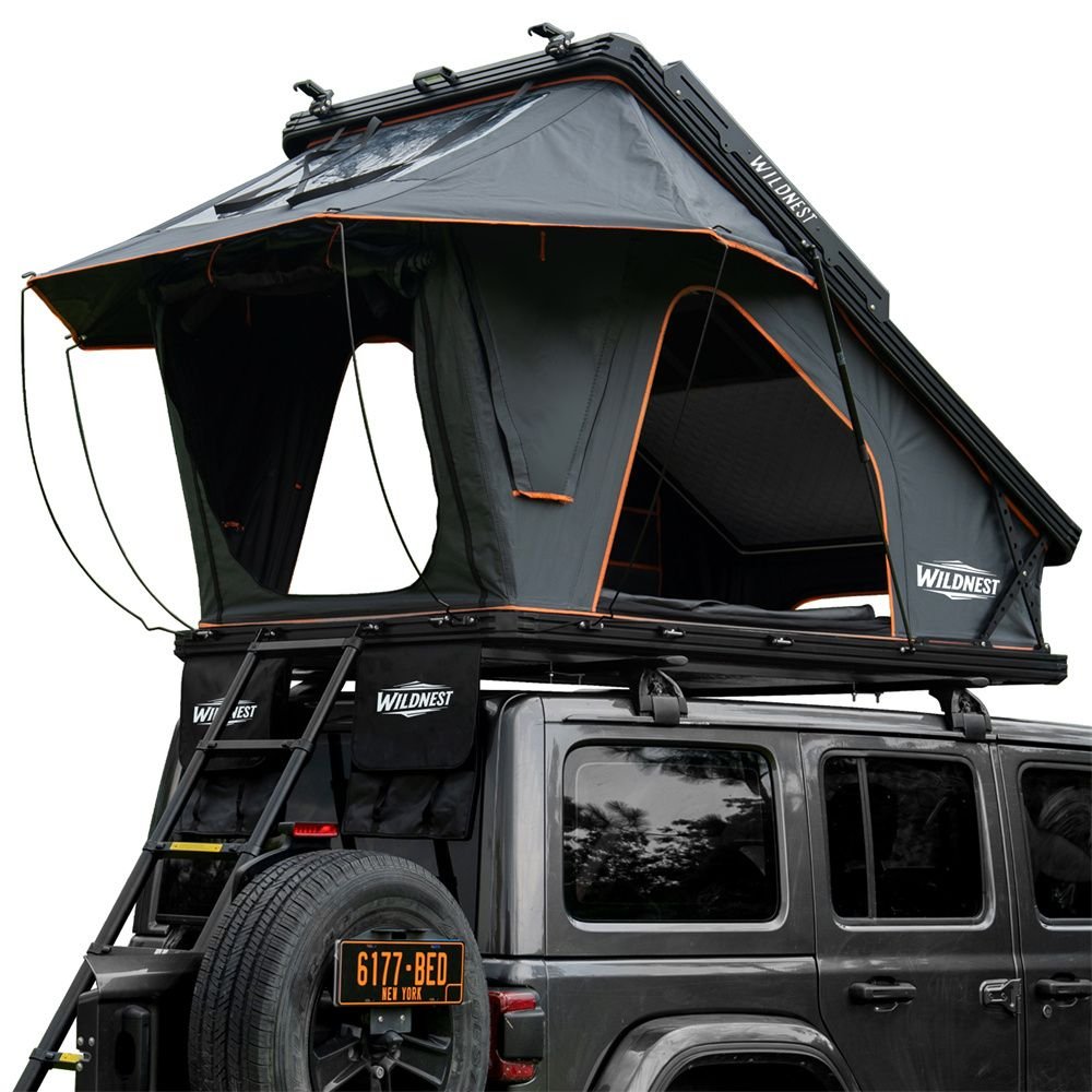 Rooftop Tent Hardshell with USB Outlet, Luggage Racks&Full Circle Led Strip, 3-in-1 Elevated Roof Tent with Skyview Window, Regular&TPU Rain Flie