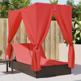 Double Patio Sun Lounger with Roof and Curtains Brown Poly Rattan