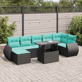 8 Piece Patio Sofa Set with Cushions Black Poly Rattan Acacia