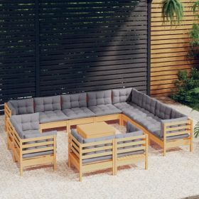Garden Lounge Set Grey and Pine Solid Pinewood, Polyester fabric