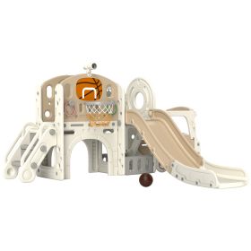 9 In 1 Toddler Slide For Kids Ages 1-6 With Bus Front, Basketball Hoop, Climber, Storage Space, Ring Toss, Cream White (Color: White)