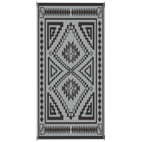 Reversible Outdoor Rug, Waterproof Plastic Straw With Carry Bag, 9 X 18, Black & Gray Square Patchwork (Color: Black)