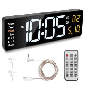 15.7in LED Digital Wall Clock With Remote Control 10 Level Brightness 3 Alarm Settings 12 24Hr Format Timing Countdown Temperature Calendar Displ (Color: Black)