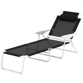 Folding Chaise Lounge, Outdoor Sun Tanning Chair, 4-Position Reclining Back, Armrests, Removable Pillow, Black (Color: Black)