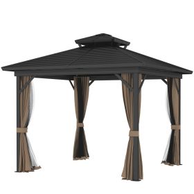 10 X 10 Hardtop Gazebo With Aluminum Frame, Metal Roof Gazebo Canopy W Hook, Curtains Included, Dark Brown (Option: Dark Brown)