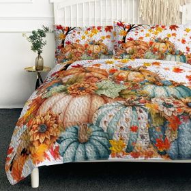 3PCS Colorful Oil Painting Pumpkin Pattern Quilt Set for All Seasons Flower Fall Leaves Bedding Set with 2 Pillowcases for Kids Adults Thanksgivi (Color: Orange, size: Queen)