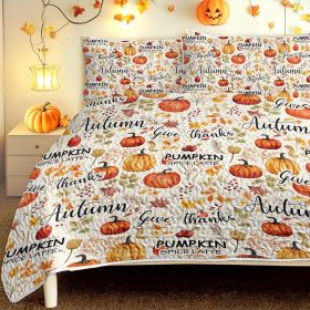 Pumpkin Autumn Leaves Design Quilt Set 3 Pieces All Seasons Bedding Quilt Bed Set with 2 Pillowcases for Kids Teens Adults Bedroom Decor Thanksgi (Color: Orange, size: Queen)