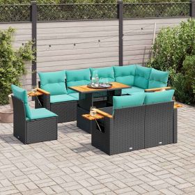 9 Piece Patio Sofa Set with Cushions Black Poly Rattan Acacia (Color: Black)