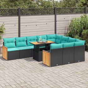 11 Piece Patio Sofa Set with Cushions Black Poly Rattan Acacia (Color: Black)