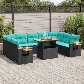 10 Piece Patio Sofa Set with Cushions Black Poly Rattan Acacia (Color: Black)