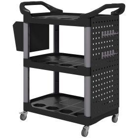 3-Tier Rolling Tool Cart, 200 LBS Capacity Plastic Utility Cart With Side Shelf And Storage Bucket, Black (Color: Black)