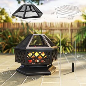 28 Outdoor Fire Pit With Grill Hexagon Fireplace Wood Burning Firepit With Cooking Grate, Fire Poker,  Screen Lid (Color: Black)
